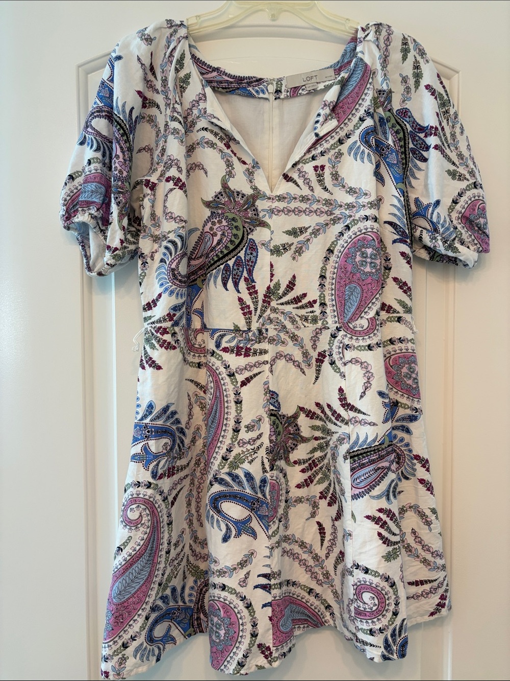 LOFT White Paisley V-Neck Mini Dress with Blue and Pink Accents, 10 Petites